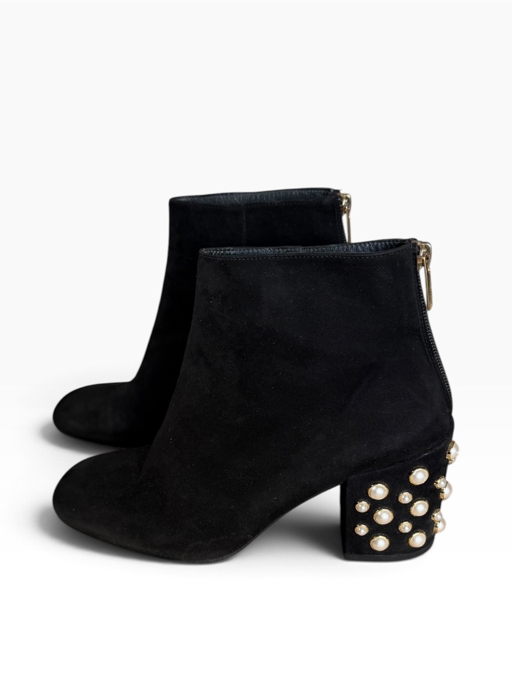 Stuart Weitzman Black Suede Pearl-Stud Block Heel Booties EU size 38